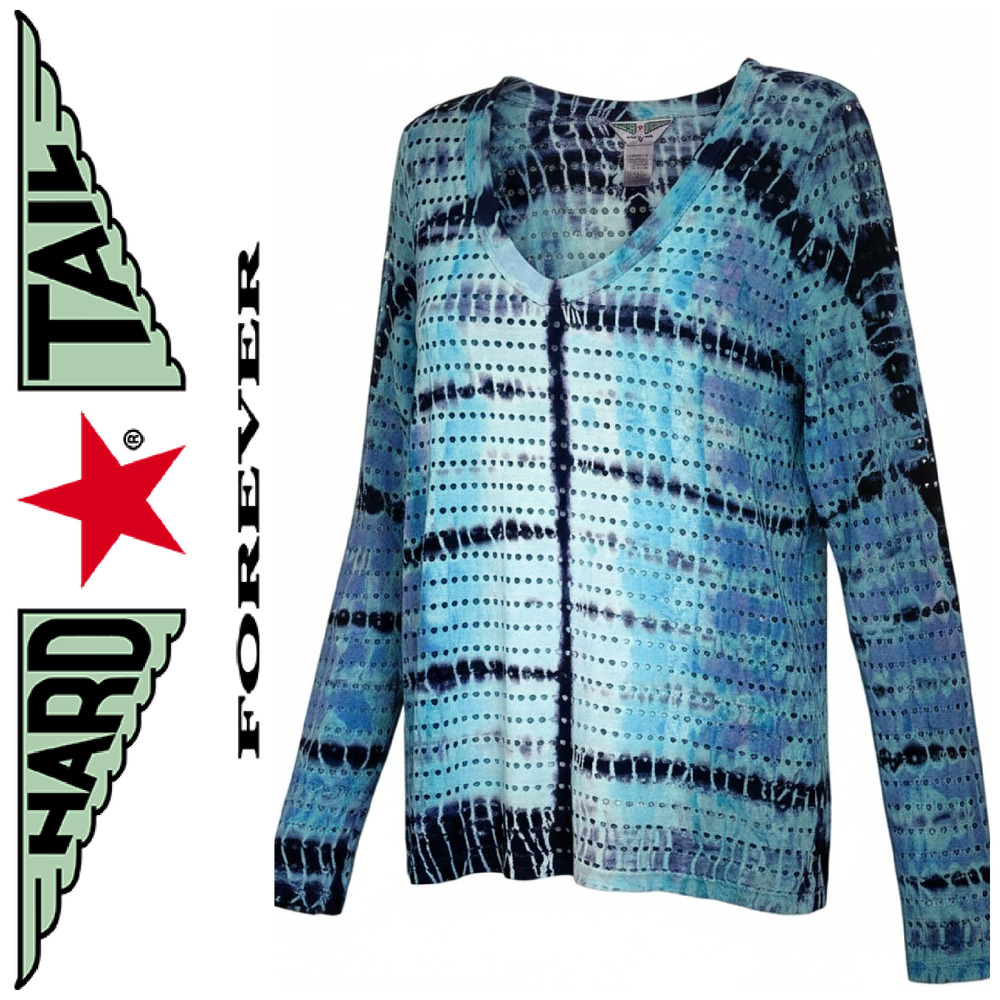 Vintage Y2K Hard Tail Forever Blues Tie-Dye Mesh V Neck Tee T Shirt LS Top Sz S